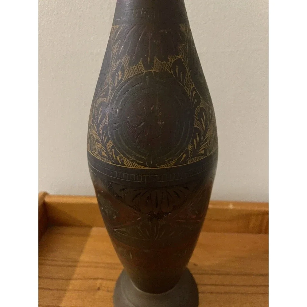 Vintage Bronze VASE Intricate Inlaid   Decorative India Hand Carved